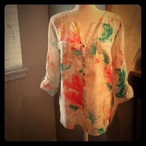 JM Collection Printed Linen Button Down Top